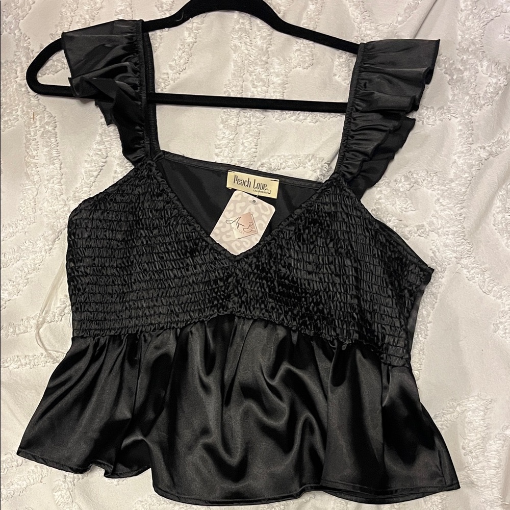 Peach Love California Black Satin Ruffle Blouse